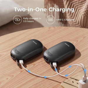 Two Ocoopa hand warmers charging via USB-C cables in 3.5 hours
