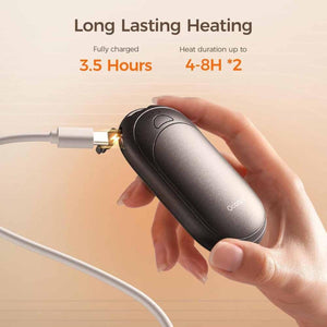 Ocoopa hand warmer charging with USB cable showing 3.5 hour charge time and 4 to 8 hour heat duration