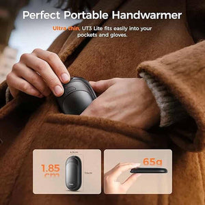 Ocoopa UT3 Lite hand warmer being placed in a pocket with dimension and weight diagrams