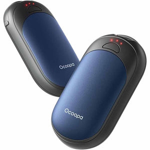 Two blue and black Ocoopa rechargeable hand warmers with indicator lights