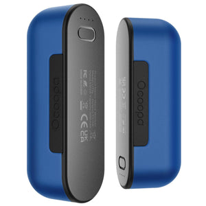 Ocoopa blue rechargeable hand warmer showing front and side views with technical specifications