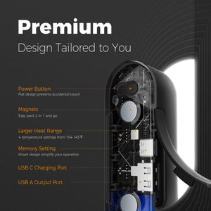 Diagram of device features including power button magnets heat range memory setting USB C and USB A ports