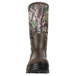 Korkers tall brown rubber boot with camouflage upper shaft