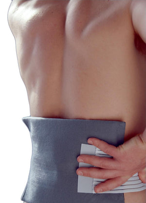 FlexiFreeze grey ice pack wrap secured around a lower back