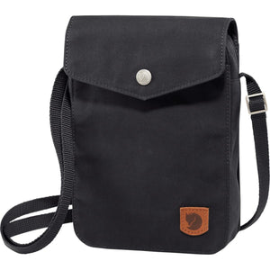 Black FjallRaven shoulder bag with flap closure and adjustable strap