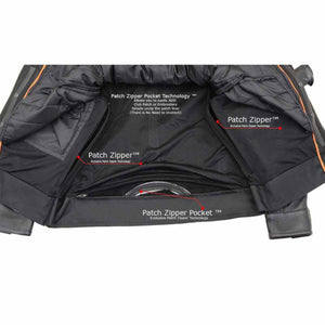 Interior of a motorcycle jacket showing patch zipper pocket technology for adding patches