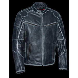 Milwaukee Leather black distressed leather motorcycle jacket with zippered pockets and snap collar