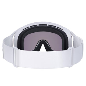 POC white ski goggles with grey lens and white strap