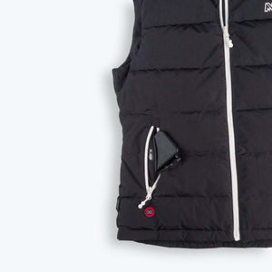 Mobile Warming black quilted vest with battery pack in zippered pocket