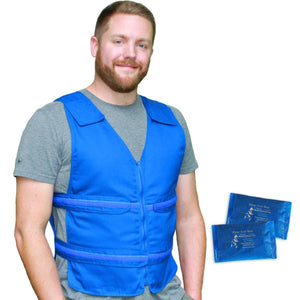 Man wearing a blue Polar Products cooling vest with two cooling packs displayed next to him