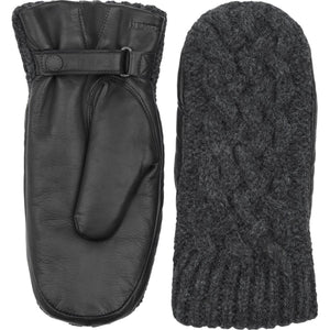 Hestra black leather and grey wool cable knit mittens