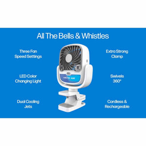 Ontel Arctic Air portable clip fan with features listed including three speeds, LED light, and 360 degree swivel