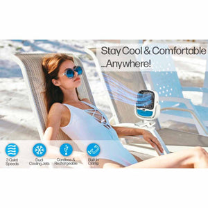 Ontel portable fan with clamp attached to a lounge chair featuring three speeds and dual cooling jets