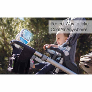 Ontel portable fan attached to a stroller with a child sitting inside