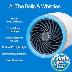Ontel portable fan features including ice packs three speeds multidirectional vent LED light and quiet operation