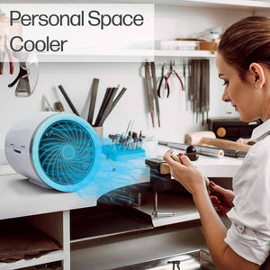 Ontel Personal Space Cooler on a workbench next to a person crafting