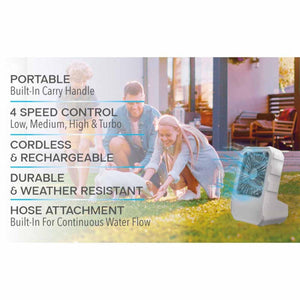 Ontel portable cordless rechargeable fan with four speed settings and hose attachment for continuous water flow