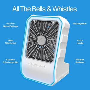 Ontel Arctic Air portable fan with labels for speed settings, hose attachment, handle, and weather resistance