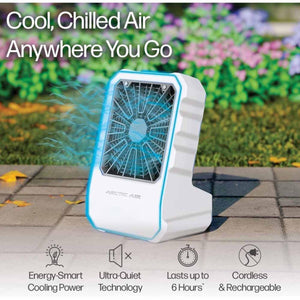 Ontel Arctic Air portable cooling fan with icons for energy efficiency, quiet operation, battery life, and portability