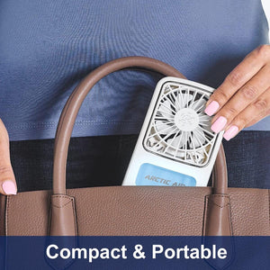 Ontel Arctic Air portable fan being placed into a brown handbag