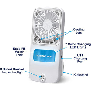 Ontel Arctic Air portable fan with labeled features including cooling jets water tank LED lights and USB port