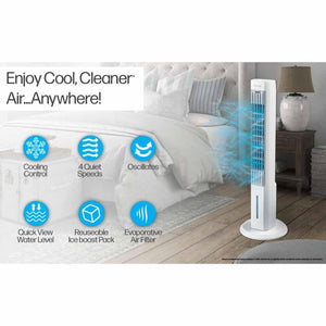 Ontel tower fan with icons showing cooling control 4 quiet speeds oscillation water level ice pack and air filter