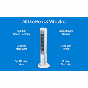 Ontel tower fan features including four speeds, space saving design, night light, timer, cooling jets and cartridge