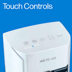 Ontel Arctic Air top panel showing touch control icons for fan speed, cooling, light, timer, and sleep mode