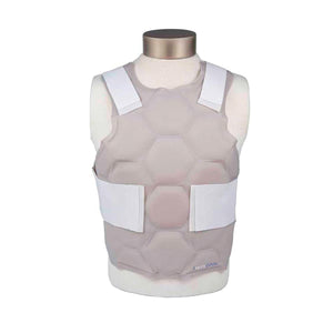 Onyx Cool beige cooling vest with hexagonal padding and white adjustable straps on a mannequin