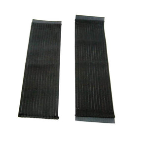 Two rectangular black elastic fabric straps