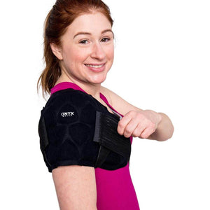 Woman wearing an Onyx Ortho black shoulder brace
