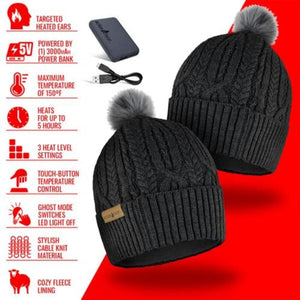 ActionHeat cable knit beanie with pom pom and power bank features list