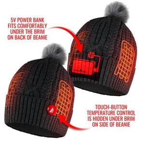 ActionHeat beanie showing power bank placement and touch button temperature control location