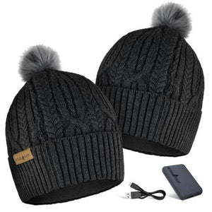 ActionHeat charcoal cable knit beanie with grey pom pom and portable battery pack