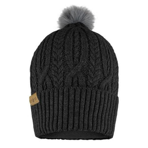 ActionHeat black cable knit beanie with a grey faux fur pom pom and a tan brand tag