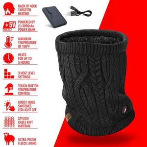 ActionHeat black cable knit heated neck gaiter with power bank and feature list