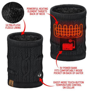 ActionHeat black neck gaiter showing fleece lining heating element power bank pocket and touch button control