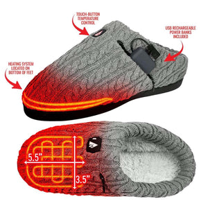 ActionHeat grey cable knit heated slipper with USB power bank and heating element diagram
