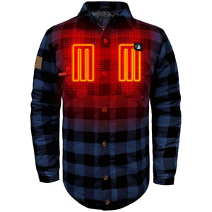 ActionHeat blue and black plaid flannel shirt with glowing red chest heating elements