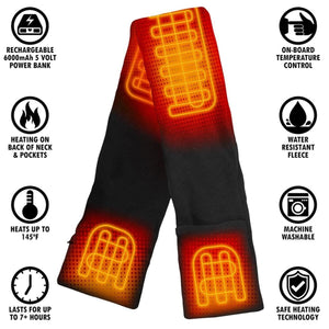 Heated scarf with 6000mAh power bank, temperature control, water resistant fleece, and machine washable fabric