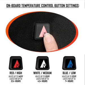On-board temperature control button settings showing red high white medium and blue low heat levels and durations