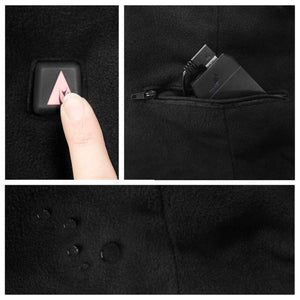 Finger pressing power button on black fabric with battery pack in pocket and water droplets on surface