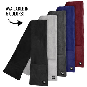 Five fleece scarves in black grey charcoal blue and burgundy arranged in a row