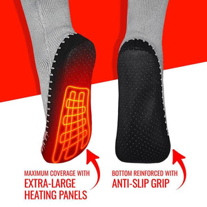 Grey socks showing internal heating panels and anti-slip grip soles