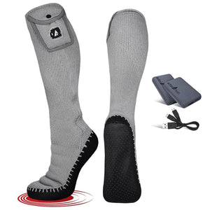 ActionHeat grey heated socks with black non-slip soles, battery packs, and charging cable