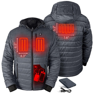 ActionHeat hooded puffer jacket showing internal heating element placement and battery pack
