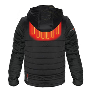 ActionHeat black hooded puffer jacket with glowing red heating element graphic on the back