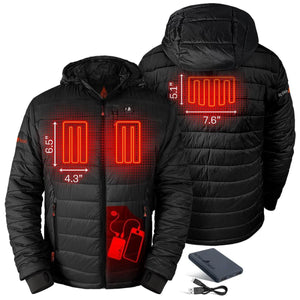 ActionHeat black heated jacket showing heating element dimensions and battery pack