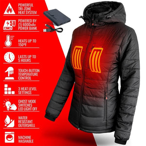 ActionHeat black hooded heated jacket with power bank and feature list
