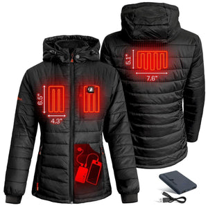 ActionHeat black hooded jacket showing internal heating element dimensions and power bank connection